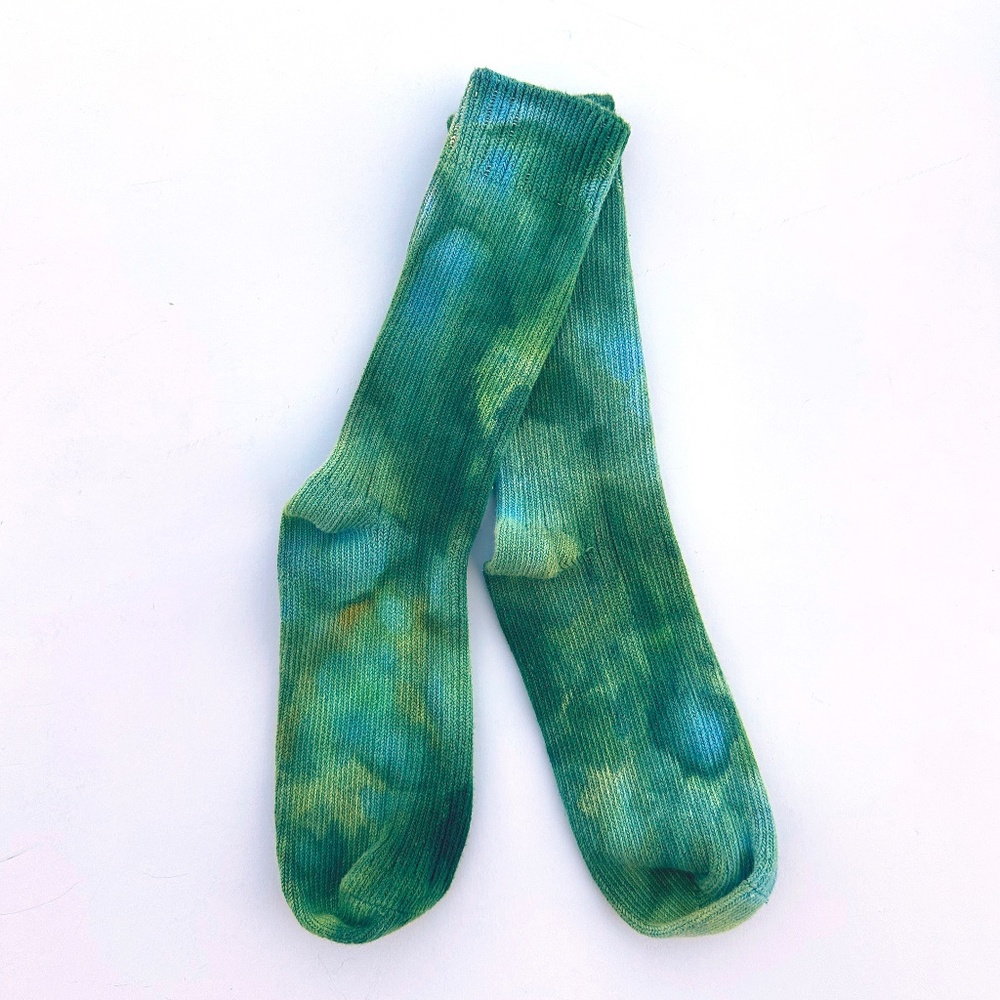 Green Ice Dye Socks, Tie Dye Cotton Crew Socks Hand Dyed, Mens M, Womens L